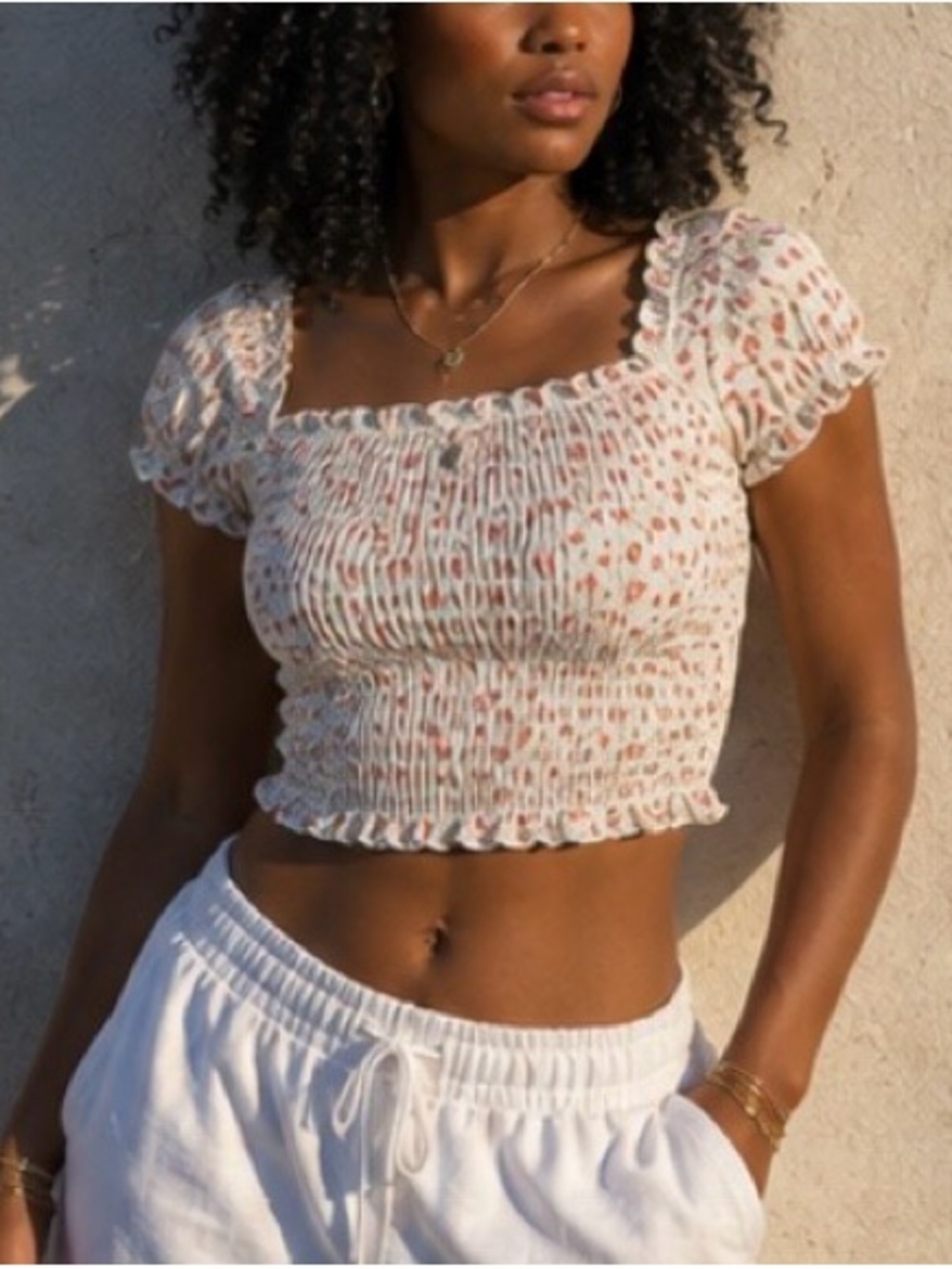 art class Pink and Cream Smocked Off-Shoulder Short Sleeve Top